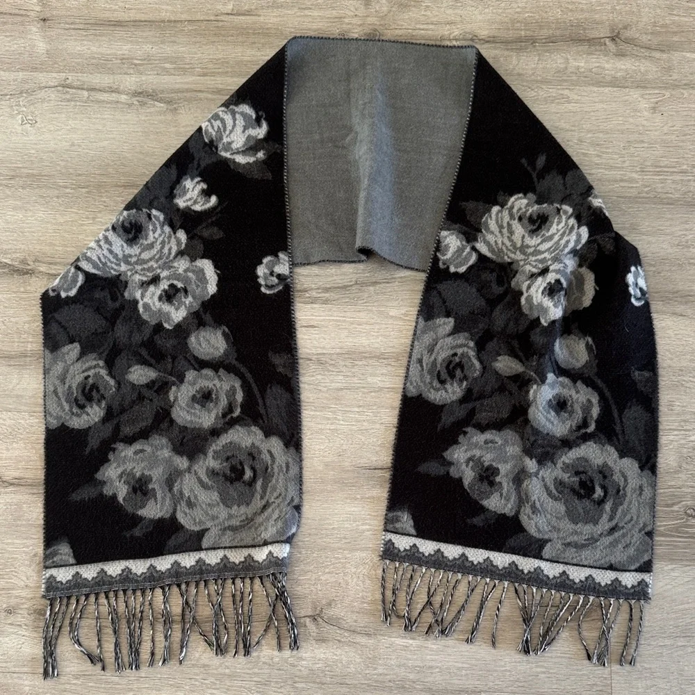 Preston & York Scarf Floral Design Scarf 12x62 Women's Fringed Black Gray Soft